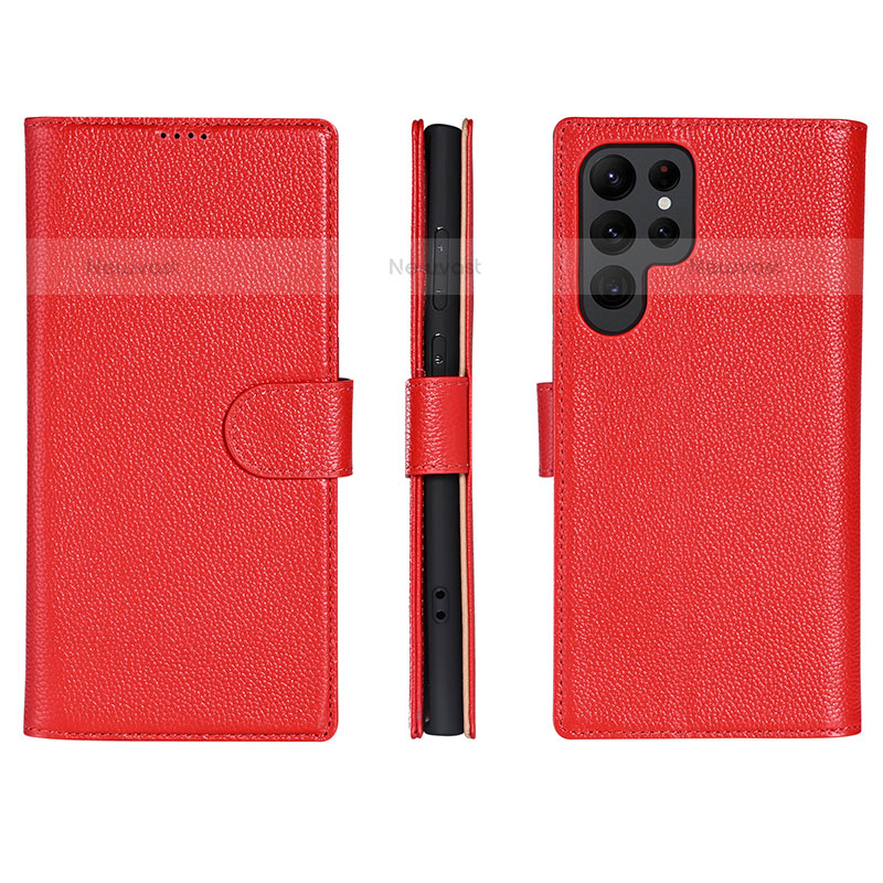 Leather Case Stands Flip Cover Holder L06 for Samsung Galaxy S23 Ultra 5G Red