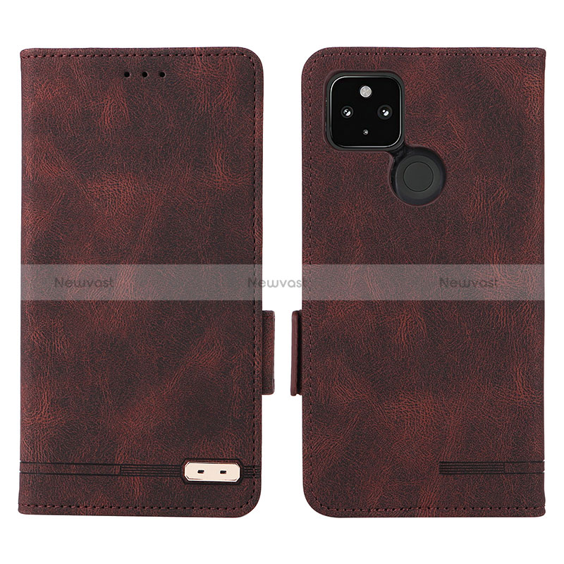 Leather Case Stands Flip Cover Holder L07Z for Google Pixel 5 XL 5G Brown