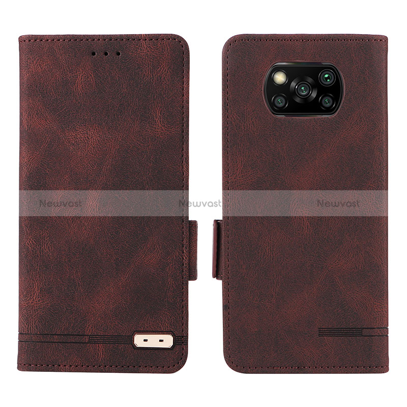 Leather Case Stands Flip Cover Holder L07Z for Xiaomi Poco X3 NFC Brown