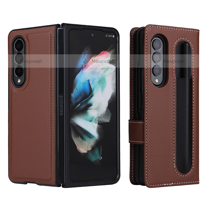 Leather Case Stands Flip Cover Holder L15Z for Samsung Galaxy Z Fold3 5G Brown