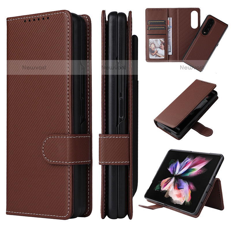 Leather Case Stands Flip Cover Holder L17Z for Samsung Galaxy Z Fold3 5G Brown