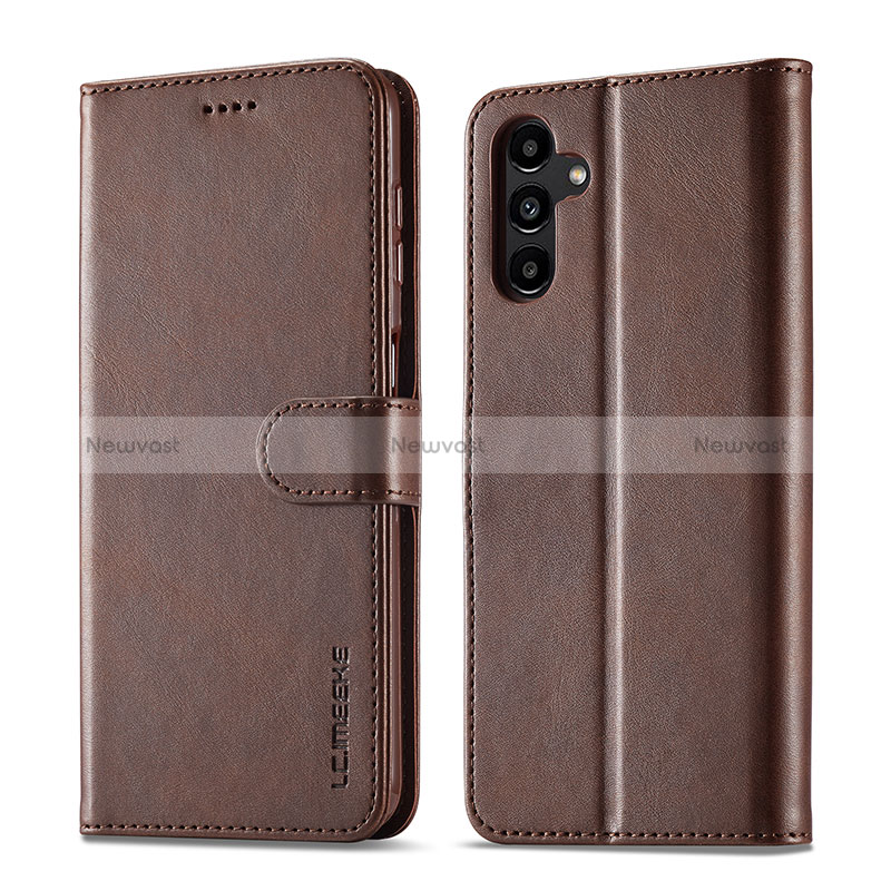 Leather Case Stands Flip Cover Holder LC1 for Samsung Galaxy A14 5G Brown