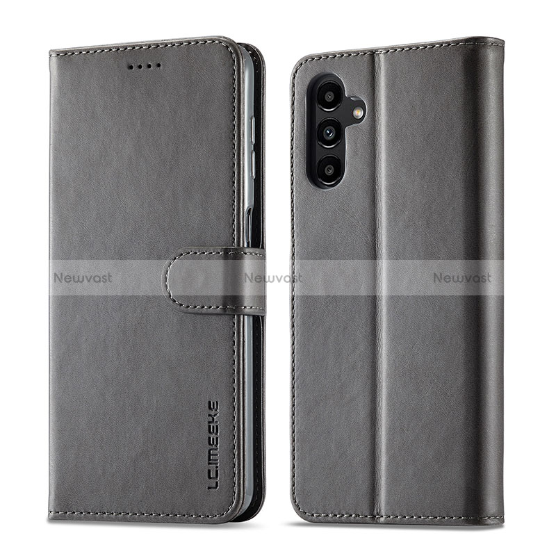 Leather Case Stands Flip Cover Holder LC1 for Samsung Galaxy A14 5G Gray