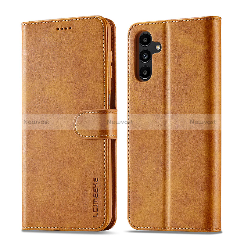 Leather Case Stands Flip Cover Holder LC1 for Samsung Galaxy A14 5G Light Brown
