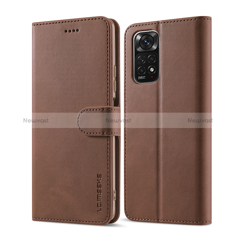 Leather Case Stands Flip Cover Holder LC1 for Xiaomi Redmi Note 11 Pro 4G Brown