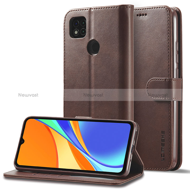 Leather Case Stands Flip Cover Holder LC2 for Xiaomi Redmi 9C Brown