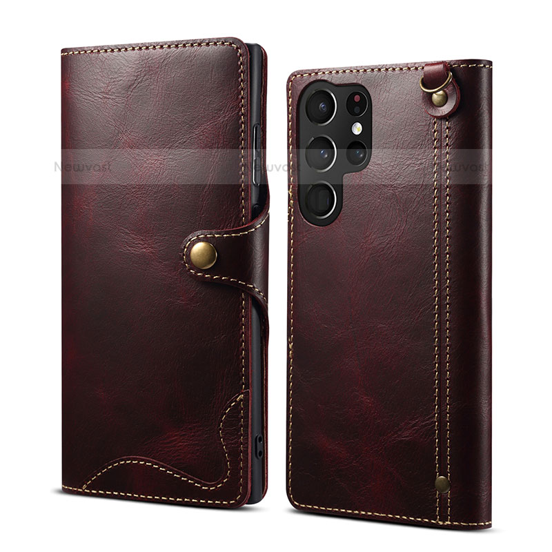 Leather Case Stands Flip Cover Holder M01T for Samsung Galaxy S22 Ultra 5G Red Wine
