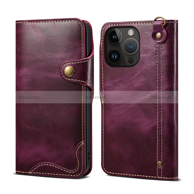 Leather Case Stands Flip Cover Holder MT1 for Apple iPhone 15 Pro Max Purple