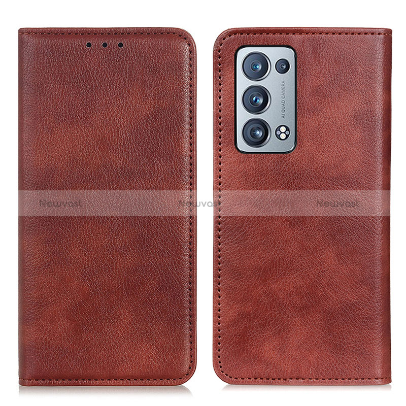 Leather Case Stands Flip Cover Holder N01P for Oppo Reno6 Pro 5G Brown