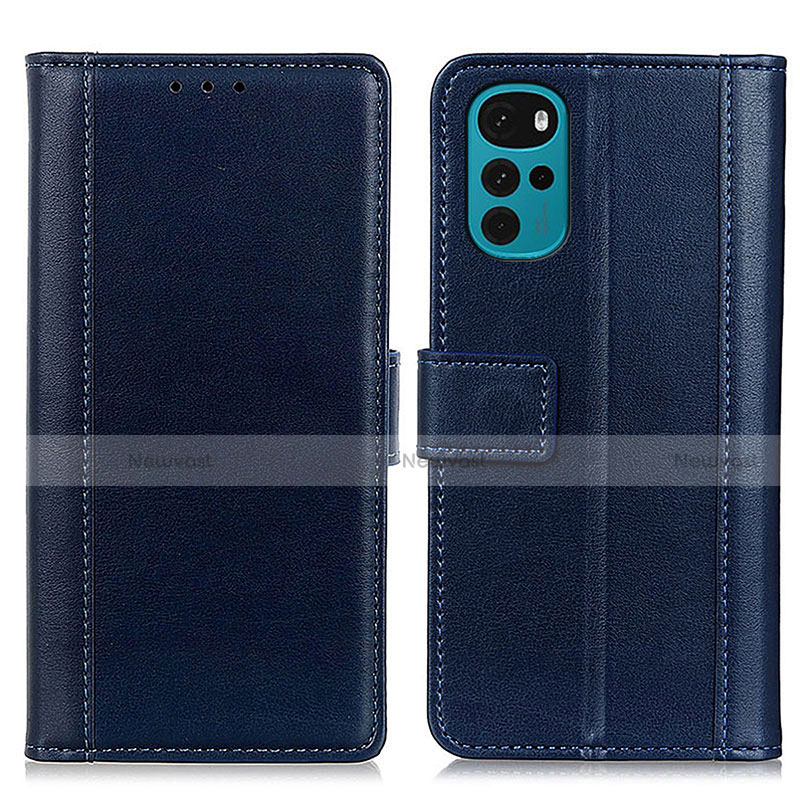 Leather Case Stands Flip Cover Holder N02P for Motorola Moto G22 Blue