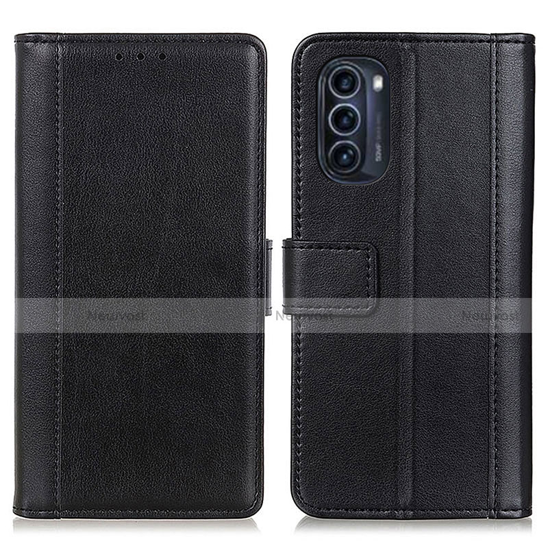Leather Case Stands Flip Cover Holder N02P for Motorola Moto G52j 5G Black