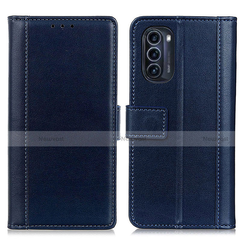 Leather Case Stands Flip Cover Holder N02P for Motorola Moto G52j 5G Blue