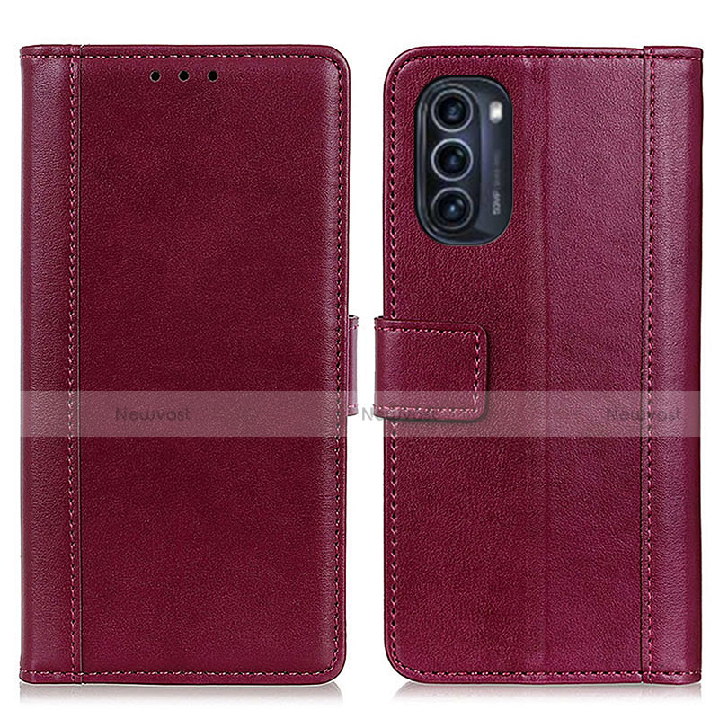 Leather Case Stands Flip Cover Holder N02P for Motorola Moto G52j 5G Red