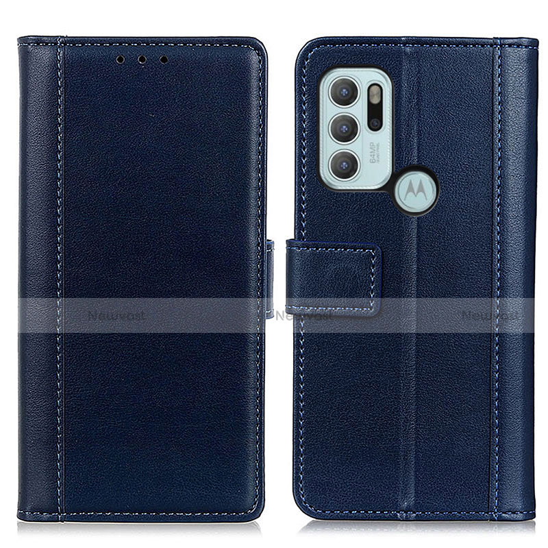 Leather Case Stands Flip Cover Holder N02P for Motorola Moto G60s Blue