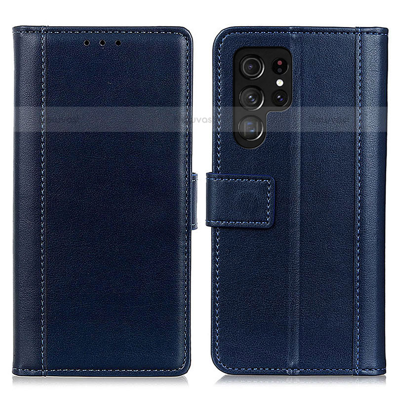 Leather Case Stands Flip Cover Holder N02P for Samsung Galaxy S23 Ultra 5G Blue