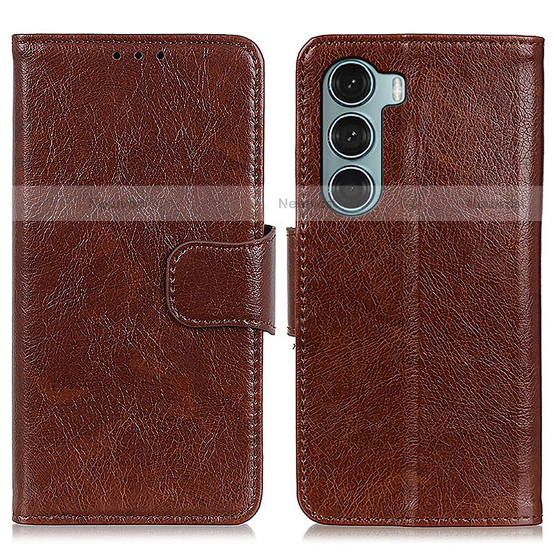 Leather Case Stands Flip Cover Holder N05P for Motorola Moto G200 5G Brown