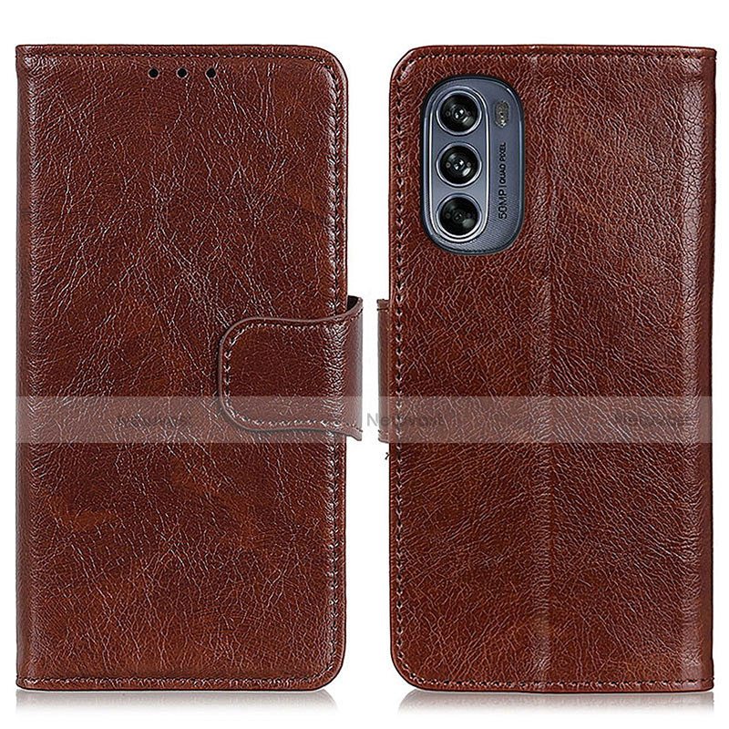 Leather Case Stands Flip Cover Holder N05P for Motorola Moto G62 5G Brown