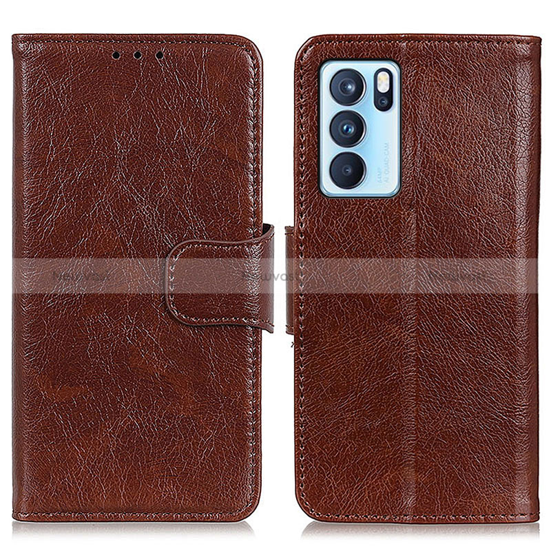 Leather Case Stands Flip Cover Holder N05P for Oppo Reno6 Pro 5G India Brown