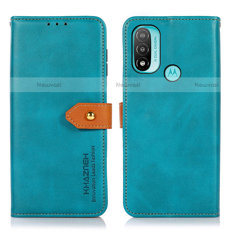 Leather Case Stands Flip Cover Holder N07P for Motorola Moto E20 Cyan