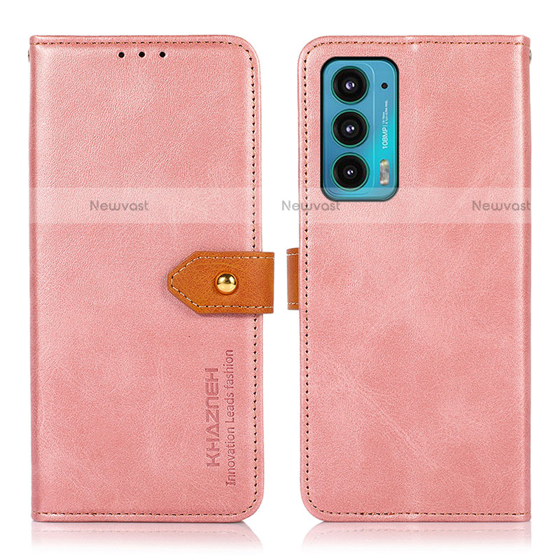 Leather Case Stands Flip Cover Holder N07P for Motorola Moto Edge Lite 5G Pink