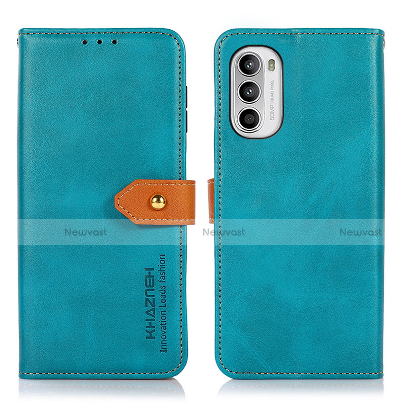 Leather Case Stands Flip Cover Holder N07P for Motorola MOTO G52 Cyan
