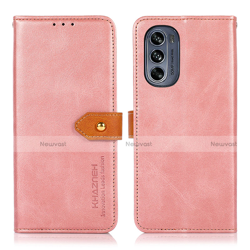 Leather Case Stands Flip Cover Holder N07P for Motorola Moto G62 5G Pink