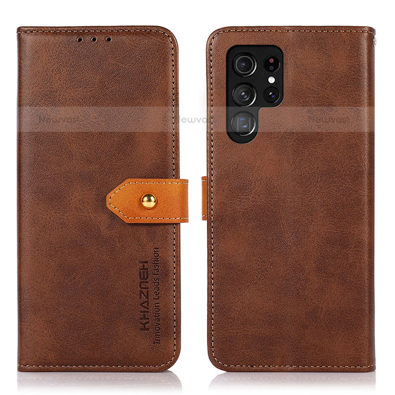 Leather Case Stands Flip Cover Holder N07P for Samsung Galaxy S22 Ultra 5G Brown