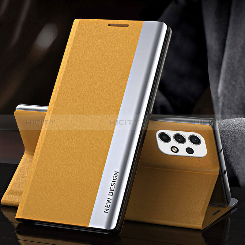 Leather Case Stands Flip Cover Holder Q01H for Samsung Galaxy A73 5G Yellow