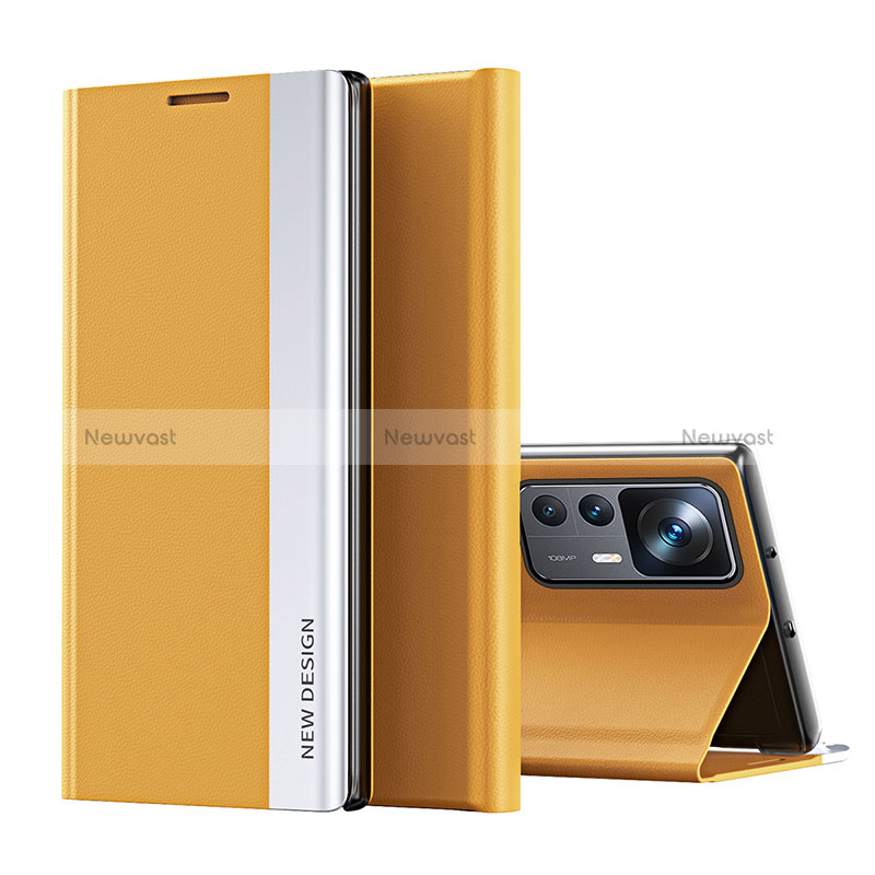 Leather Case Stands Flip Cover Holder Q01H for Xiaomi Mi 12T Pro 5G Yellow
