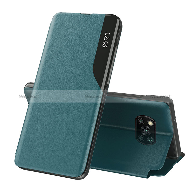 Leather Case Stands Flip Cover Holder Q01H for Xiaomi Poco X3 NFC Green