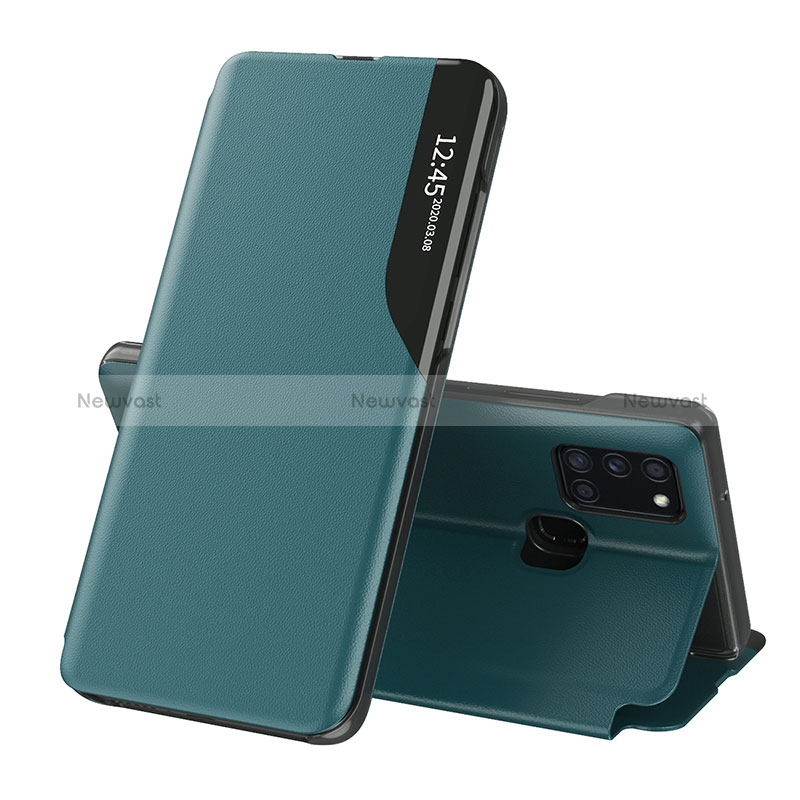 Leather Case Stands Flip Cover Holder QH1 for Samsung Galaxy A21s Green