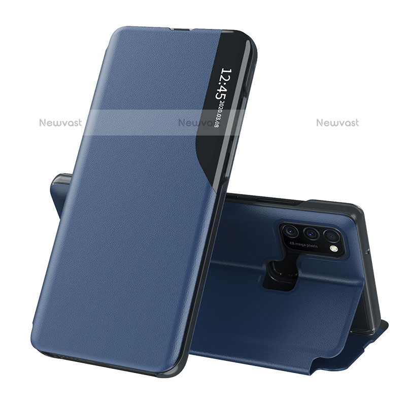 Leather Case Stands Flip Cover Holder QH1 for Samsung Galaxy M21 Blue