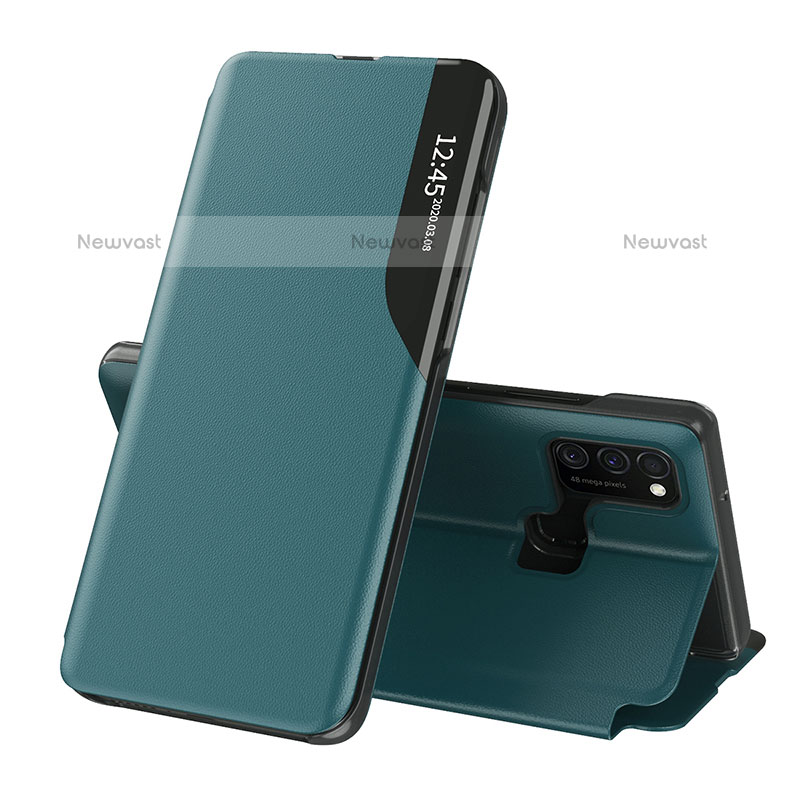 Leather Case Stands Flip Cover Holder QH1 for Samsung Galaxy M21 Green