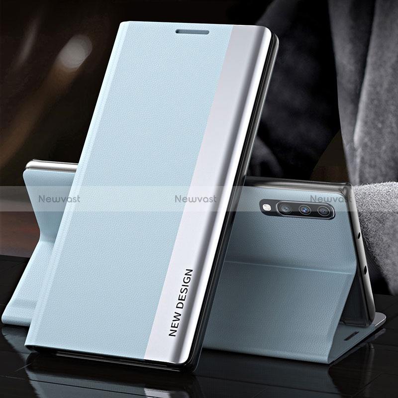 Leather Case Stands Flip Cover Holder QH3 for Samsung Galaxy A70 Mint Blue