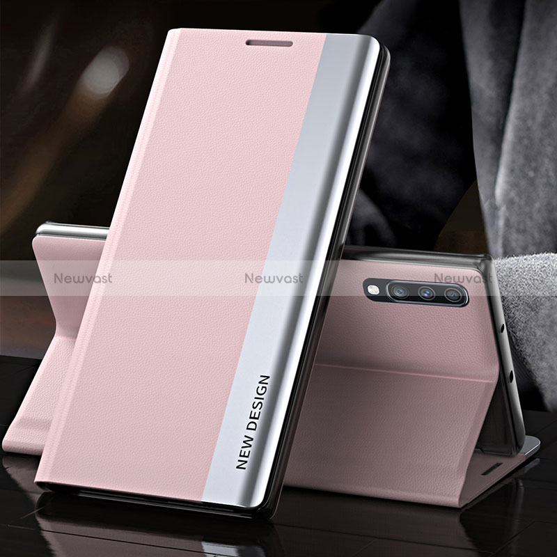 Leather Case Stands Flip Cover Holder QH3 for Samsung Galaxy A70 Rose Gold
