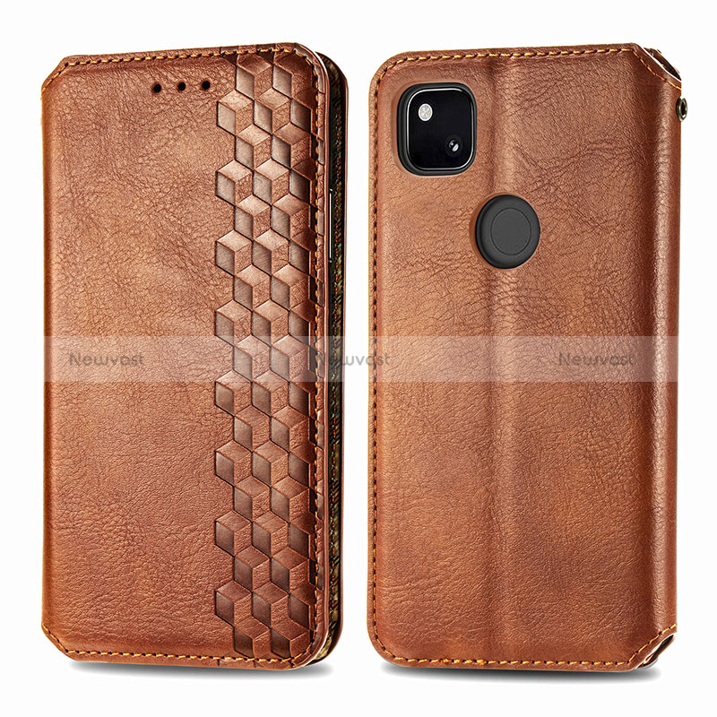 Leather Case Stands Flip Cover Holder S01D for Google Pixel 4a Brown