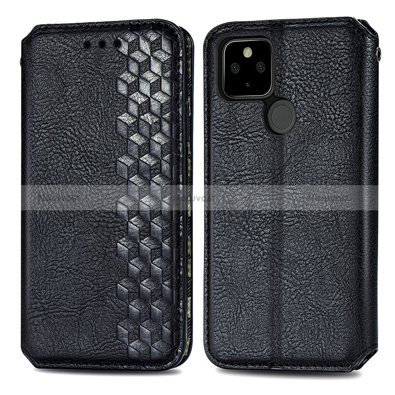 Leather Case Stands Flip Cover Holder S01D for Google Pixel 5 Black