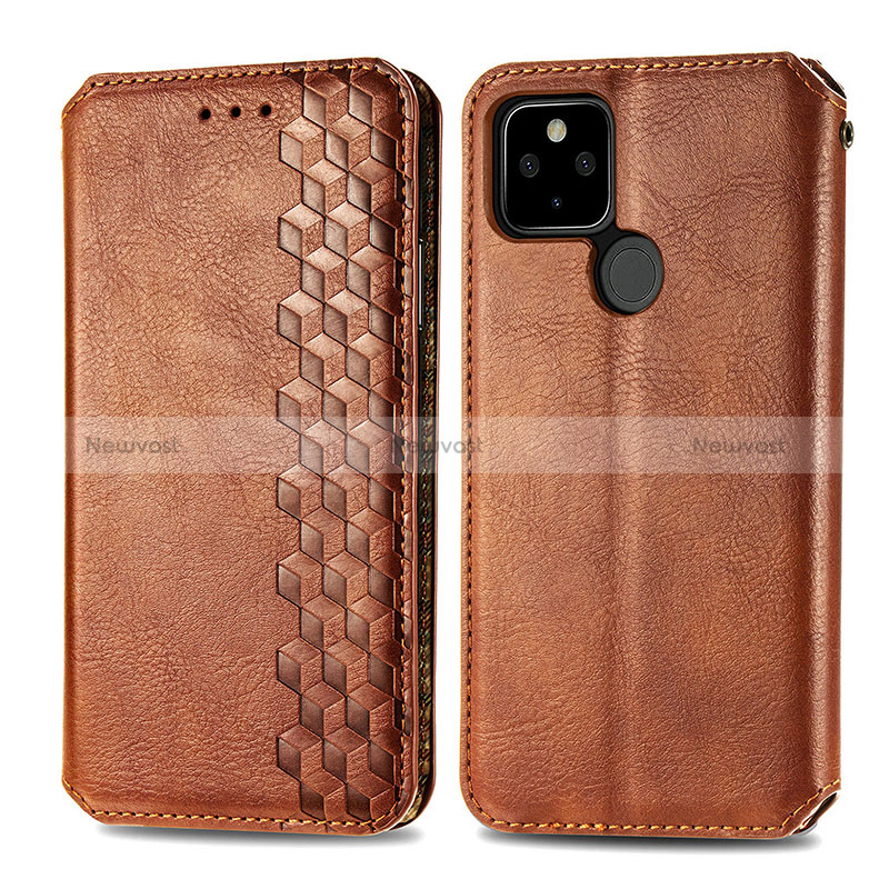 Leather Case Stands Flip Cover Holder S01D for Google Pixel 5 Brown