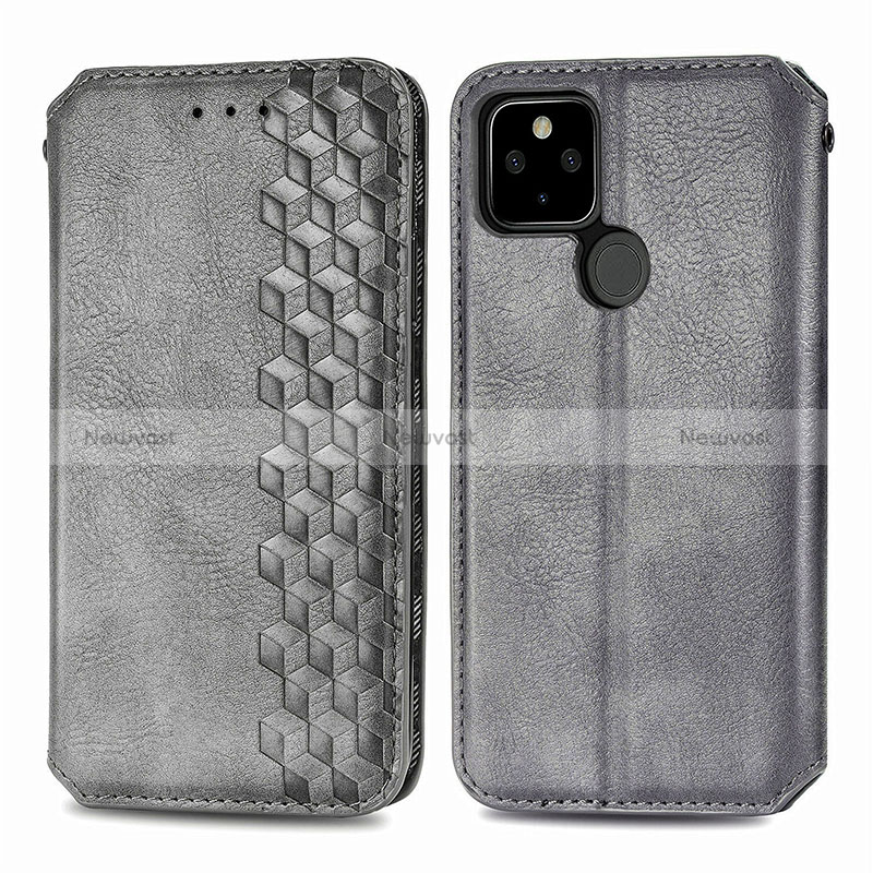 Leather Case Stands Flip Cover Holder S01D for Google Pixel 5 XL 5G Gray
