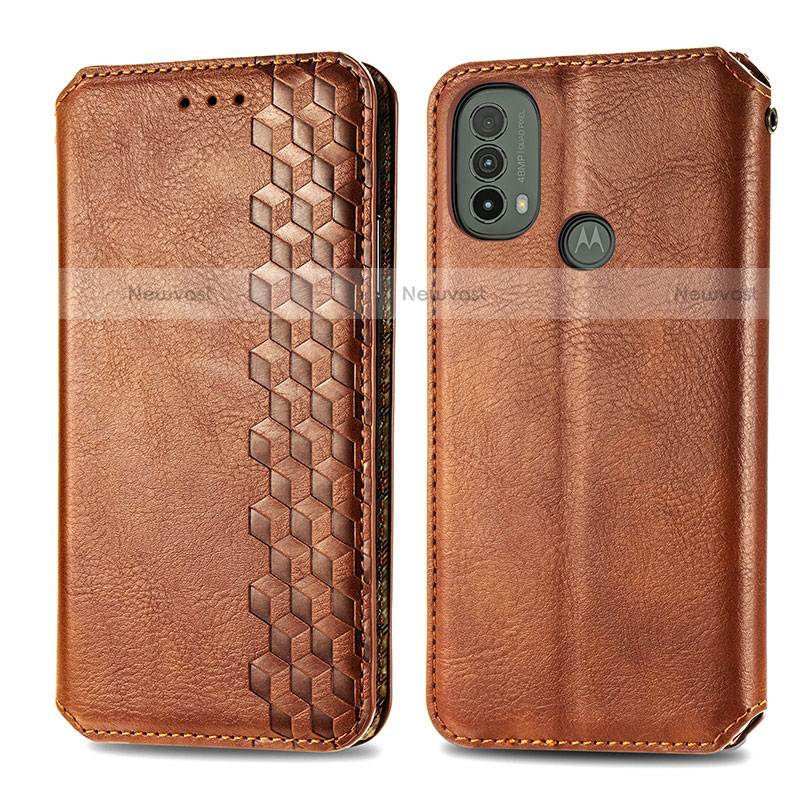 Leather Case Stands Flip Cover Holder S01D for Motorola Moto E30 Brown