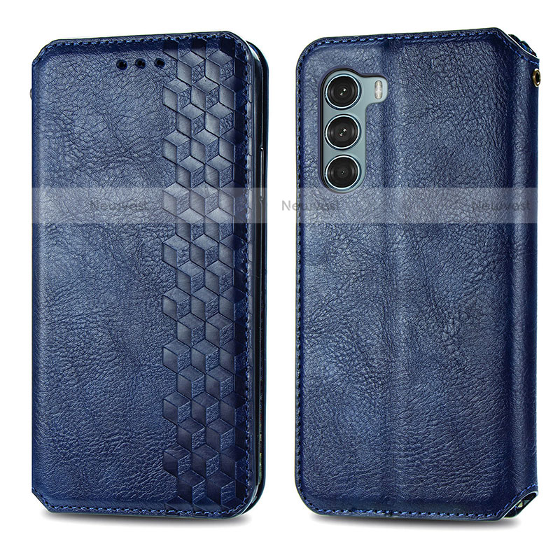 Leather Case Stands Flip Cover Holder S01D for Motorola Moto G200 5G Blue
