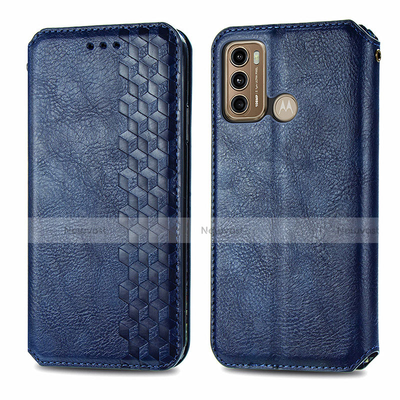 Leather Case Stands Flip Cover Holder S01D for Motorola Moto G60 Blue