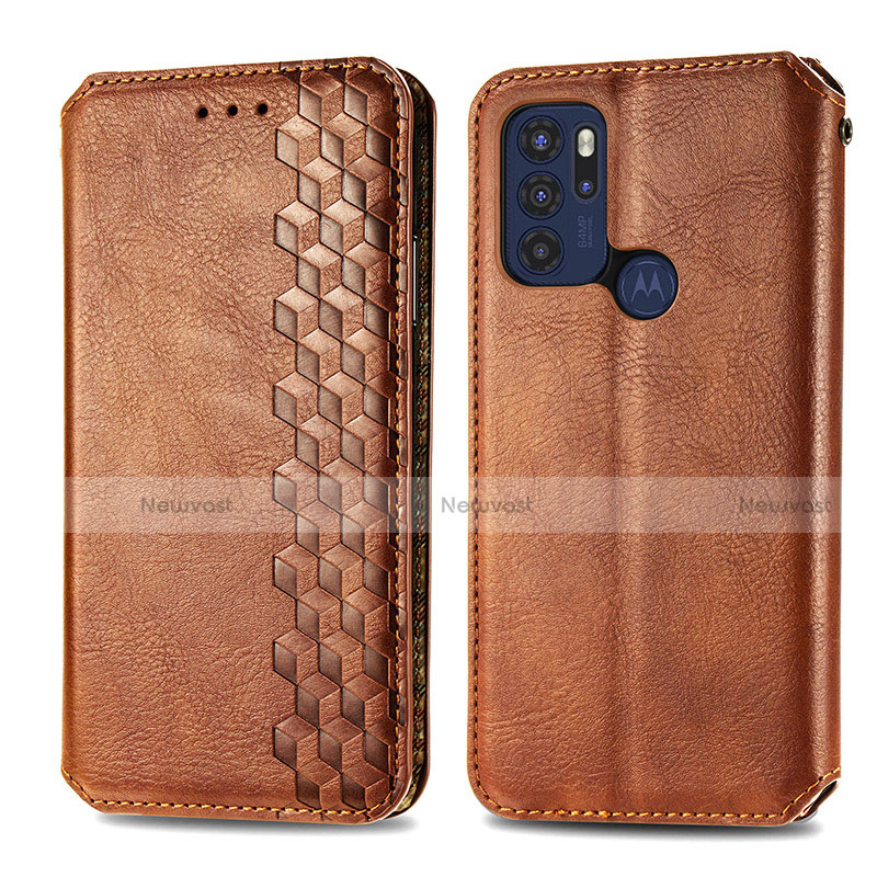 Leather Case Stands Flip Cover Holder S01D for Motorola Moto G60s Brown