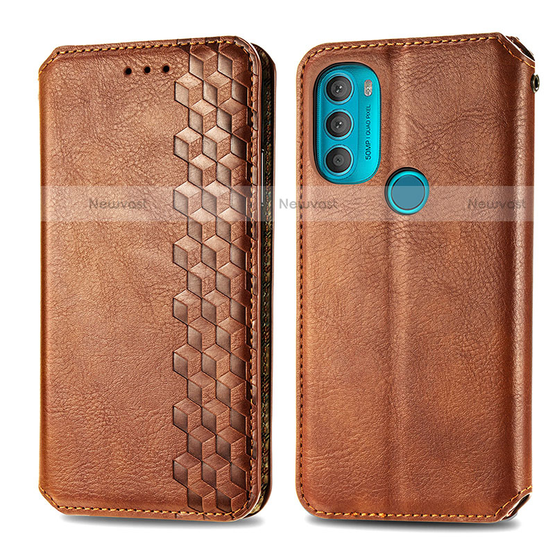 Leather Case Stands Flip Cover Holder S01D for Motorola Moto G71 5G Brown