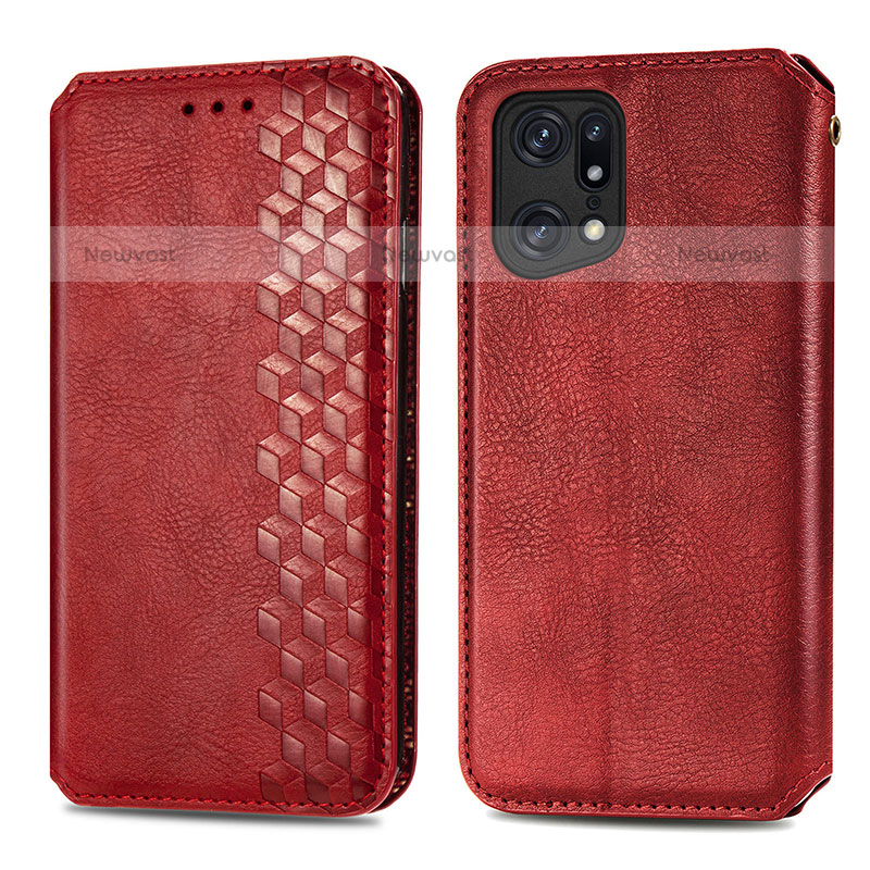 Leather Case Stands Flip Cover Holder S01D for Oppo Find X5 Pro 5G Red