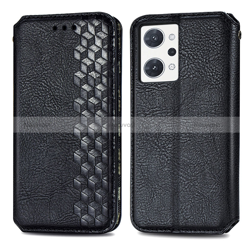 Leather Case Stands Flip Cover Holder S01D for Oppo Reno7 A Black