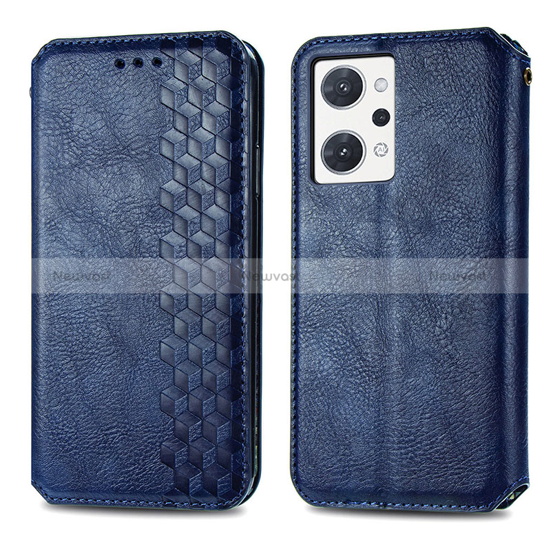Leather Case Stands Flip Cover Holder S01D for Oppo Reno7 A Blue
