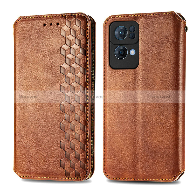 Leather Case Stands Flip Cover Holder S01D for Oppo Reno7 Pro 5G Brown