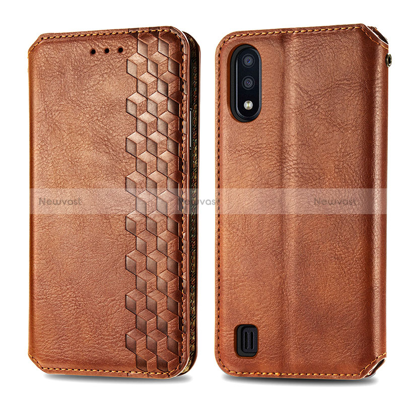 Leather Case Stands Flip Cover Holder S01D for Samsung Galaxy M01 Brown
