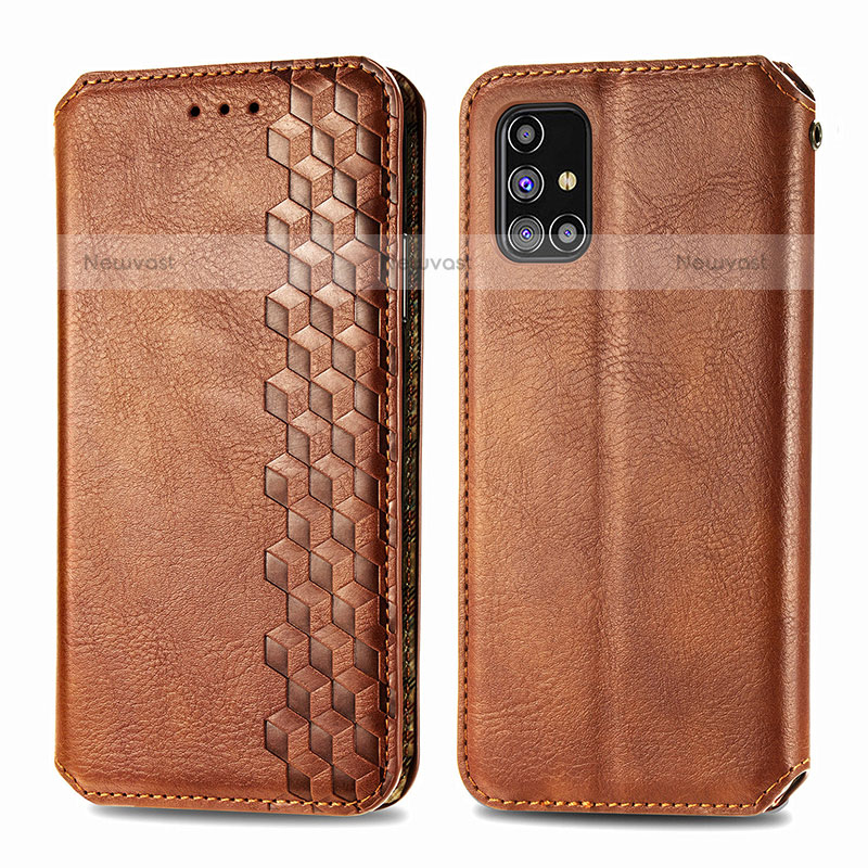 Leather Case Stands Flip Cover Holder S01D for Samsung Galaxy M31s Brown